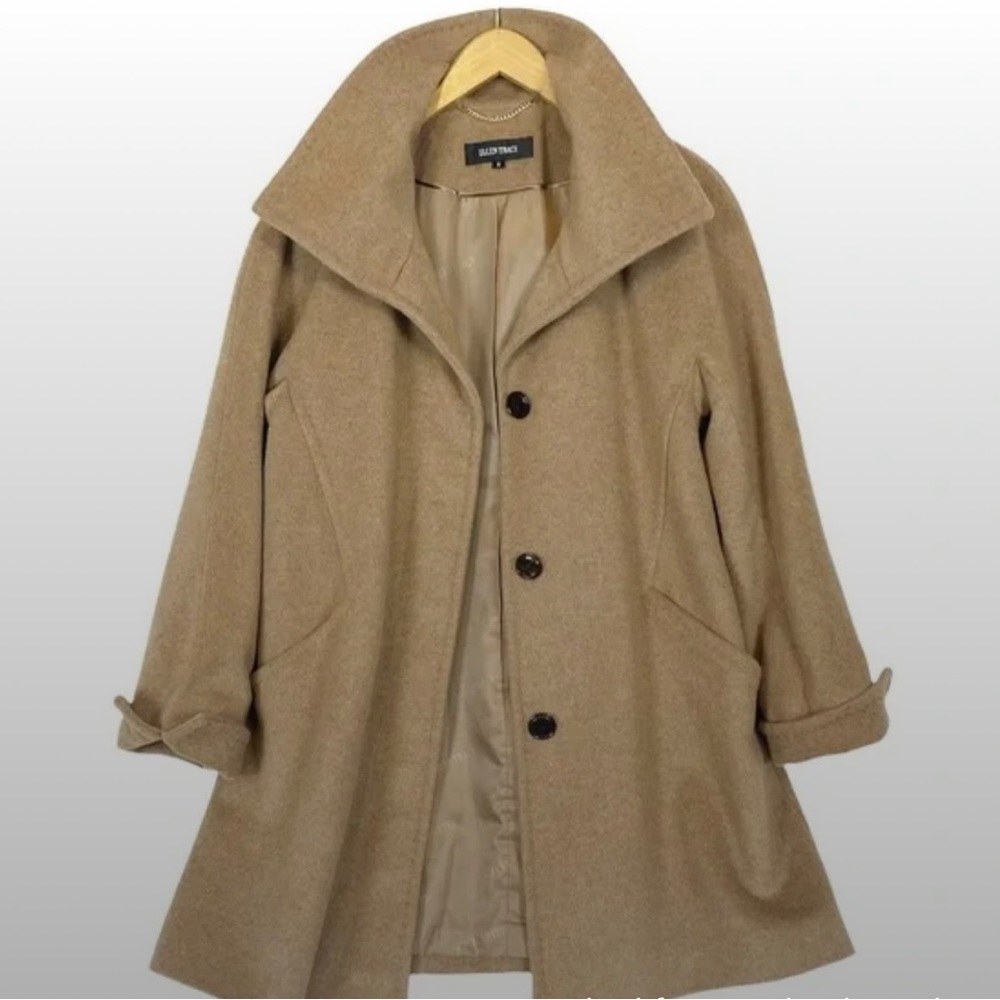 Ellen Tracy Tan Wool Angora Blend Button Front Winter Pea Coat Jacket - Size 14